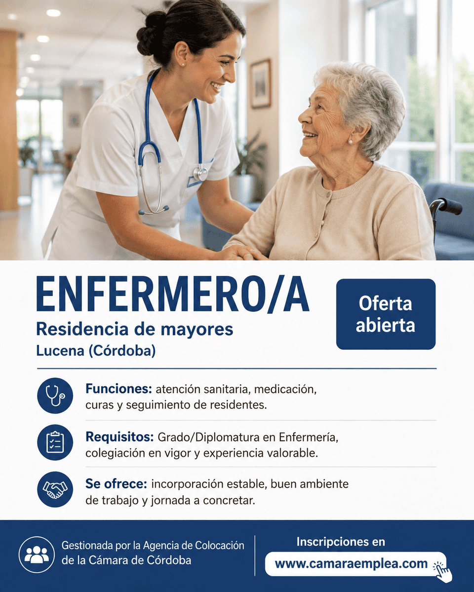 camaraemplea's tweet photo. Nueva oferta de #trabajo Camara Emplea: ENFERMERO-A (RESIDENCIA) en #Lucena @camaraofcordoba > https://t.co/4PCmTfsEte #camaraemplea https://t.co/86rgazLjCx