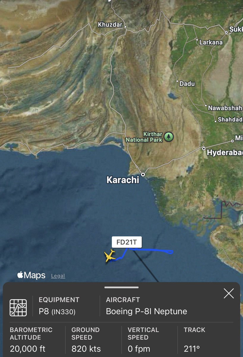 Indian Navy P-8I Poseidon registration IN330 was snooping off the coast of Karac...