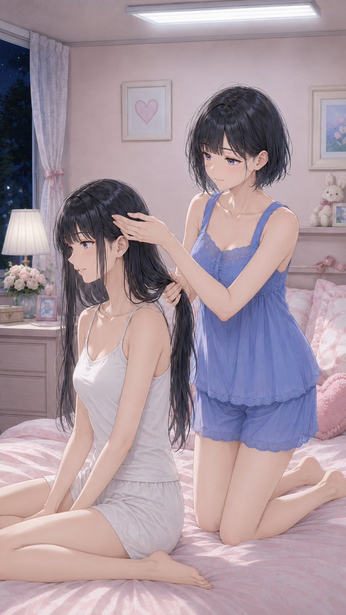 Rui_tired's tweet photo. "before bed" 
"寝る前に" 

右: 姉のるか Right: Ruka, the older sister 
左: 妹の結衣 Left: Yui, the younger sister

今日は打ち止めです。

#AIart #sister #OC #AIイラスト #姉妹 #オリキャラ https://t.co/g2anJrjaCL