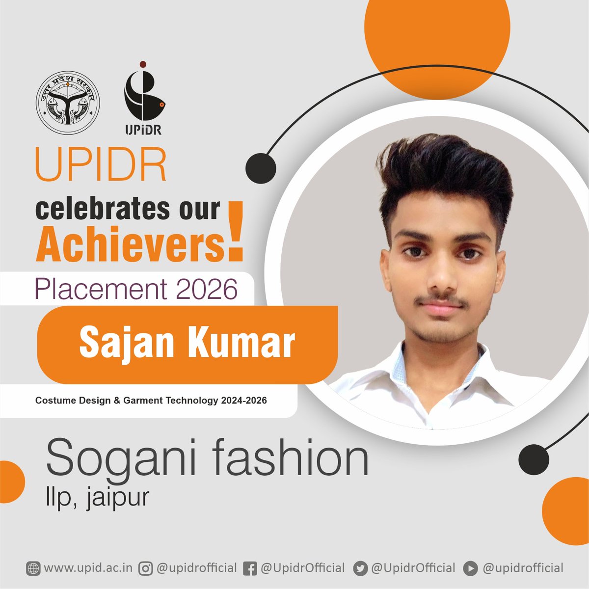 UpidrOfficial's tweet photo. Heartiest congratulations to Sajan Kumar (Costume Design and Garment Technology, 2023-2026) on securing placement with Sogani Fashion, Jaipur.
#UPIDR #placement #lucknow #bestinstitute
@narendramodi  @myogiadityanath @upmsme https://t.co/NiaIDGZMVB