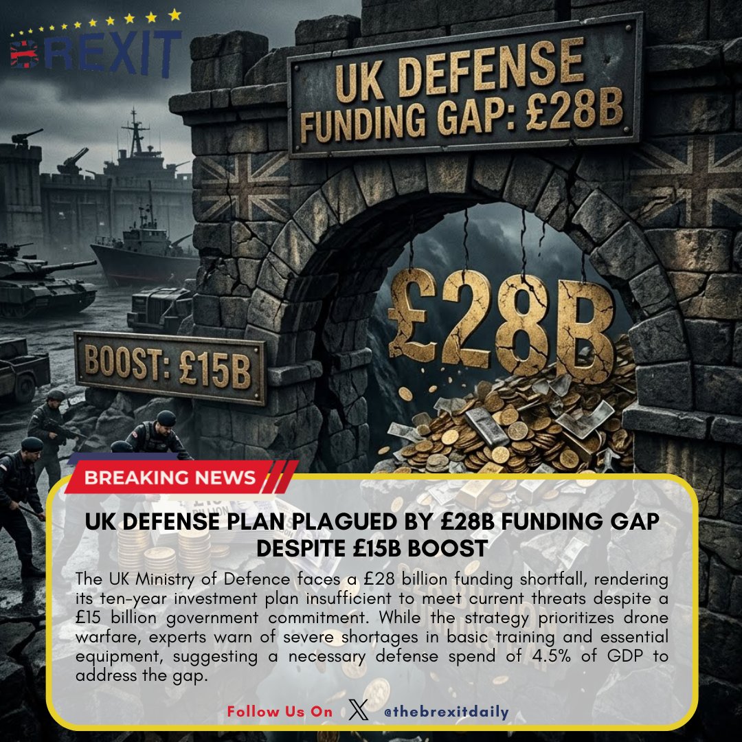 thebrexitdaily's tweet photo. The UK’s new defense plan faces a massive £28B funding black hole. Despite a £15B boost, experts warn spending must hit 4.5% of GDP to counter modern threats, leaving frontline troops short on basic training and vital gear. 🇬🇧🛑
#UKDefence #NationalSecurity #DefenceSpending #NATO https://t.co/KRE3s0GTwD