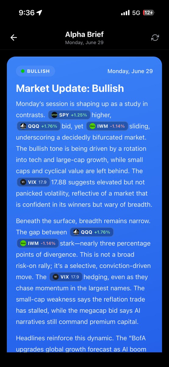 shank2600's tweet photo. Day 6 of showing my work.

Day 5: Sphere Intelligence
Day 6: Alpha Brief

One morning read:
sentiment · SPY · QQQ · IWM · VIX · plain English on the day

Plus top news for the day —
AI summary or full article, without leaving the app.

60 seconds. You get the market.

Day 7: Risk Radar.

#buildinpublic #ShowYourWork #AI #fintech #softwareengineering