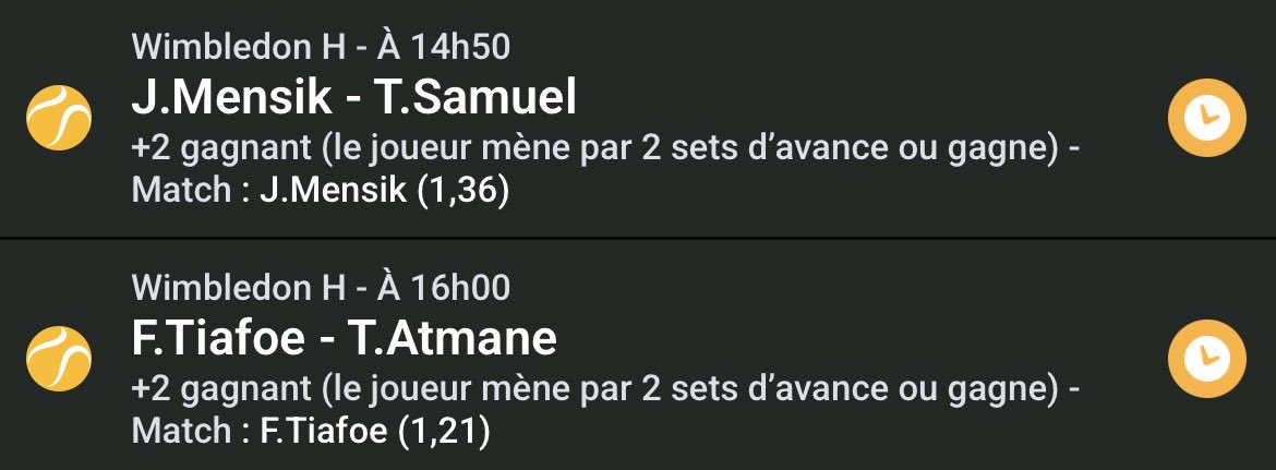 GLBetting1's tweet photo. Bet tennis 🎾 

📊 1.65
-> Jakub Mensik vainqueur (assurance 2 sets d’avance) 
-> Frances Tiafoe vainqueur (assurance 2 sets d’avance)
⏱️ 14h50

Confiance : 7/10 🌟

GL la team 🤞
💙 pour le soutien 

#TeamParieur #teamparieur #Pronos #tennis #wimbledon https://t.co/1tw6DpZyNQ