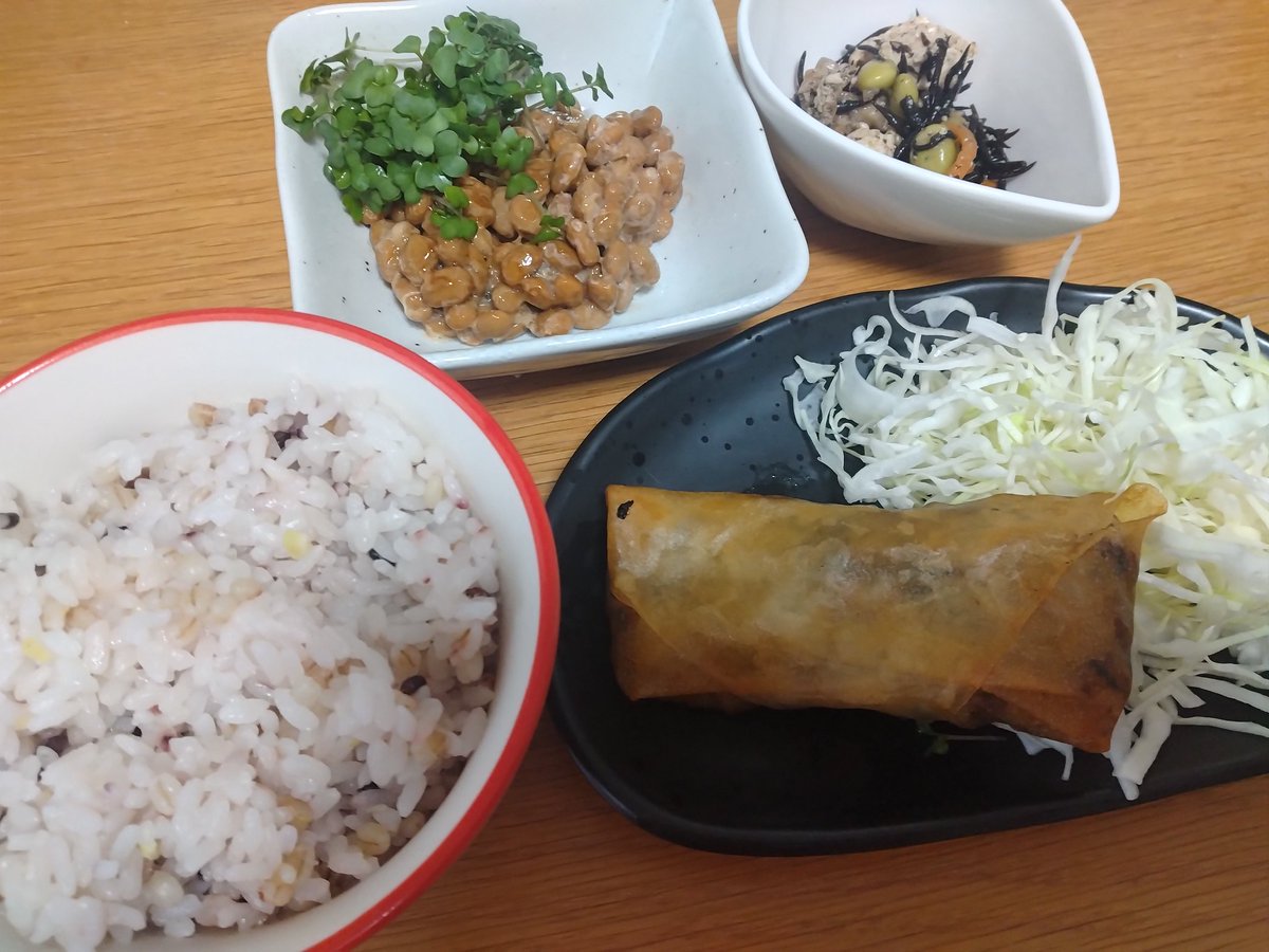 inababa777's tweet photo. 今日の晩御飯。
春巻き。
納豆（ブロッコリースプラウト）
雑穀米。ひじき煮。
サッカーは悔しいー。

直近で食べたい麺は、アジアンでスパイスで冷たいやつ🥹 https://t.co/2pSlEHfU3Z