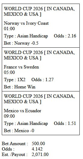 ESAPOKEROFC's tweet photo. ⚽WORLD CUP 2026 COMBO ALERT!

🇳🇴 Norway vs Ivory Coast
🇫🇷 France vs Sweden
🇲🇽 Mexico vs Ecuador
🎯 Odds: 4.142
💰 Payout: 2.071

#PialaDunia #Fyp #FypBola  #BENANG33 #JadwalPialaDunia #BENANG33 #Benang33Sports #sorotan #Viral #SepakBolaDunia #ReelsBola 
@sorotan @fyp @pengikut https://t.co/d66F116V0Q