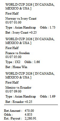 ESAPOKEROFC's tweet photo. ⚽WORLD CUP 2026 COMBO ALERT!

🇳🇴 Norway vs Ivory Coast
🇫🇷 France vs Sweden
🇲🇽 Mexico vs Ecuador
🎯 Odds: 4.142
💰 Payout: 2.071

#PialaDunia #Fyp #FypBola  #BENANG33 #JadwalPialaDunia #BENANG33 #Benang33Sports #sorotan #Viral #SepakBolaDunia #ReelsBola 
@sorotan @fyp @pengikut https://t.co/d66F116V0Q