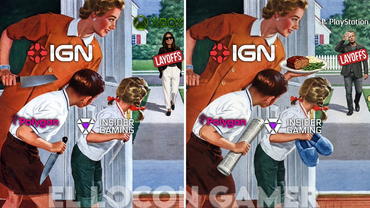 nyc_prophet's tweet photo. How the gaming media handles Xbox layoffs vs PlayStation layoffs https://t.co/cBGC7gFWWI