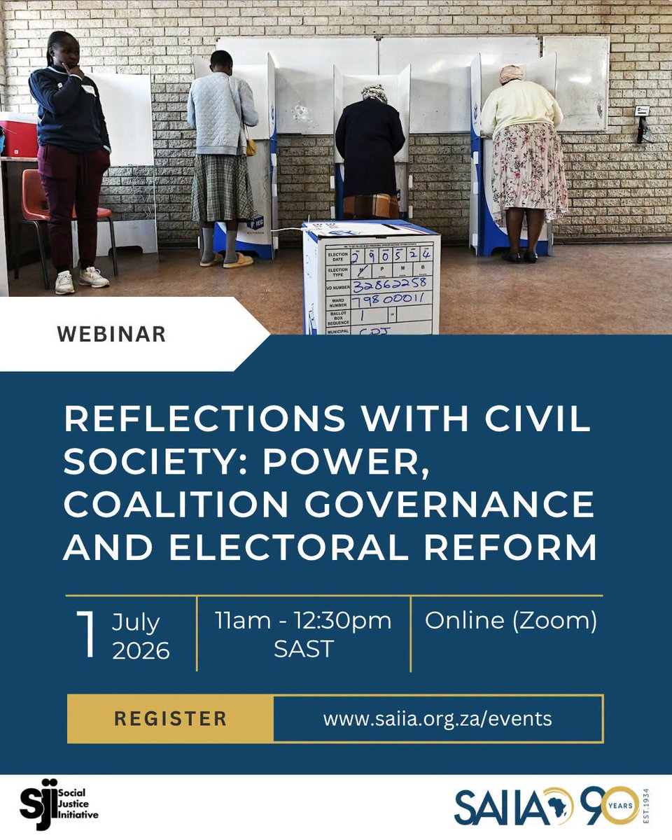 SAIIA_info's tweet photo. ⏰ Webinar reminder | Join SAIIA tomorrow for a discussion on South Africa’s #democracy as it confronts declining public trust, fragmented representation and #coalitiongovernance.

📅 Wednesday, 1 July 2026
🕰️ 11:00 - 12:30
📍 Online (Zoom)

▶️ https://t.co/5frXToXpfY https://t.co/z40Nbfm7jj