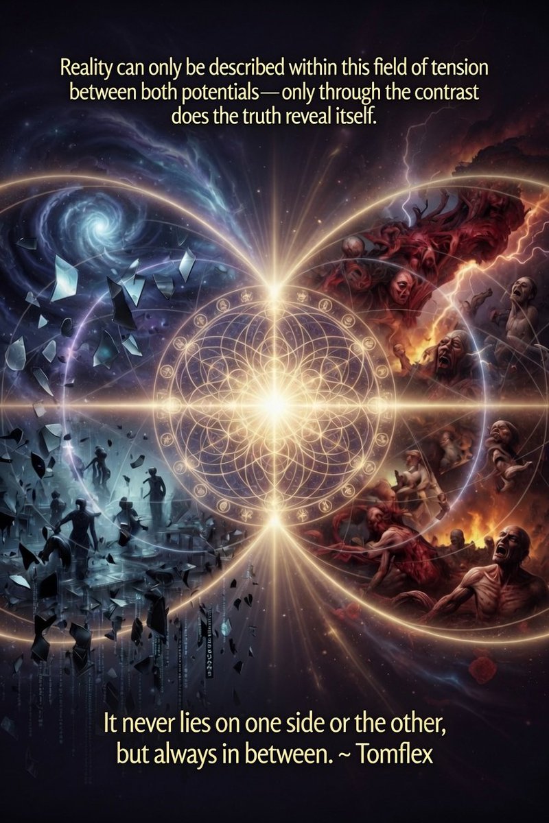 Tomfl3x's tweet photo. Reality can only be described within this field of tension between both potentials — only through the contrast does the truth reveal itself. It never lies on one side or the other, but always in between. ~ Tomflex https://t.co/dXrt2LjMtv