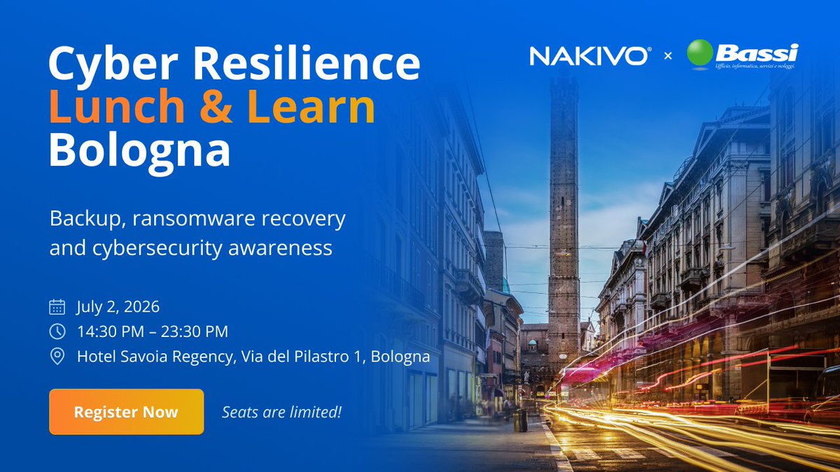 Nakivo's tweet photo. Bologna, let’s talk cybersecurity!

Join NAKIVO and Bassi Gianfranco S.r.l. for a Lunch &amp; Learn event dedicated to ransomware protection and cybersecurity awareness.

Reach out to our partner directly to register and secure your place: https://t.co/7R2hFD3yJy

#TechEvents #Italy https://t.co/H5VQInZiye