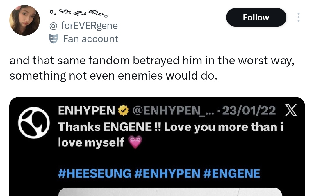 meowoning's tweet photo. No one betrayed anyone. He left the group to pursue a solo career and that's completely fine. He didn't betray ENHYPEN nor the fans. While some people might feel hurt, I'm all for putting oneself first. If that's what he wanted, he should go for it. And he already did.

​However, he, his solo fans and all these so called ot7 fans cant expect him to pull the same level of support as a soloist that he did in a 7-member group. He is a separate entity now. No matter how deep their history is, neither party owes the other anything. When he was in the group, the entire fandom (minus akgaes) backed him. But now that he has left, the same support shouldnt be expected. No amount of guilt-tripping or threatening will change that fact for ENHYPEN or  ENGENEs.

​All the achievements and awards ENHYPEN won as a group prior to March 10th, were the result of collective effort. Those wins happen because the group fandom and all the individual solo fandoms pull together for a common goal; for their faves to win. 7 then, 6 now. In the past, and even now, solo/unit content always had lower views and streams than full-group releases. Why? Because every member has their own dedicated solo fanbase. Unfortunately for ENHYPEN's collective numbers, these individual solo fanbases are often bigger than the OT6 fandom as a whole.

Streaming, voting and buying, all of these requires time, money, and effort. Fans naturally prioritize their own biases. Expecting ENHYPEN's fans to divide their limited resources for a soloist makes no sense?? And if I might add, support is a 2-way street; his solo fanbase isn't streaming, voting or buying for ENHYPEN now, so they have no right to demand reciprocity.