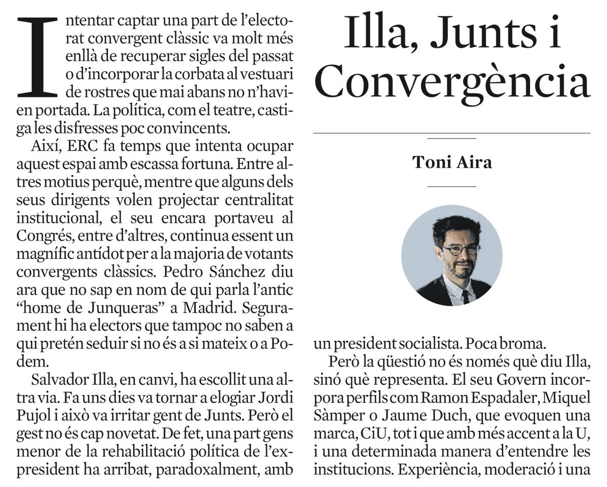 toniaira's tweet photo. “Illa, Junts i Convergència”
👉🏼 https://t.co/ruGsShnCLa

“El ben pensat i reeixit homenatge que li va dedicar la JNC a Jordi Pujol aquest cap de setmana potser era un acte dedicat a una persona, però també ho era a una tradició política que encara busca una millor formulació.” https://t.co/a2ZMt1BK3b