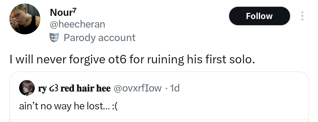 meowoning's tweet photo. No one betrayed anyone. He left the group to pursue a solo career and that's completely fine. He didn't betray ENHYPEN nor the fans. While some people might feel hurt, I'm all for putting oneself first. If that's what he wanted, he should go for it. And he already did.

​However, he, his solo fans and all these so called ot7 fans cant expect him to pull the same level of support as a soloist that he did in a 7-member group. He is a separate entity now. No matter how deep their history is, neither party owes the other anything. When he was in the group, the entire fandom (minus akgaes) backed him. But now that he has left, the same support shouldnt be expected. No amount of guilt-tripping or threatening will change that fact for ENHYPEN or  ENGENEs.

​All the achievements and awards ENHYPEN won as a group prior to March 10th, were the result of collective effort. Those wins happen because the group fandom and all the individual solo fandoms pull together for a common goal; for their faves to win. 7 then, 6 now. In the past, and even now, solo/unit content always had lower views and streams than full-group releases. Why? Because every member has their own dedicated solo fanbase. Unfortunately for ENHYPEN's collective numbers, these individual solo fanbases are often bigger than the OT6 fandom as a whole.

Streaming, voting and buying, all of these requires time, money, and effort. Fans naturally prioritize their own biases. Expecting ENHYPEN's fans to divide their limited resources for a soloist makes no sense?? And if I might add, support is a 2-way street; his solo fanbase isn't streaming, voting or buying for ENHYPEN now, so they have no right to demand reciprocity.
