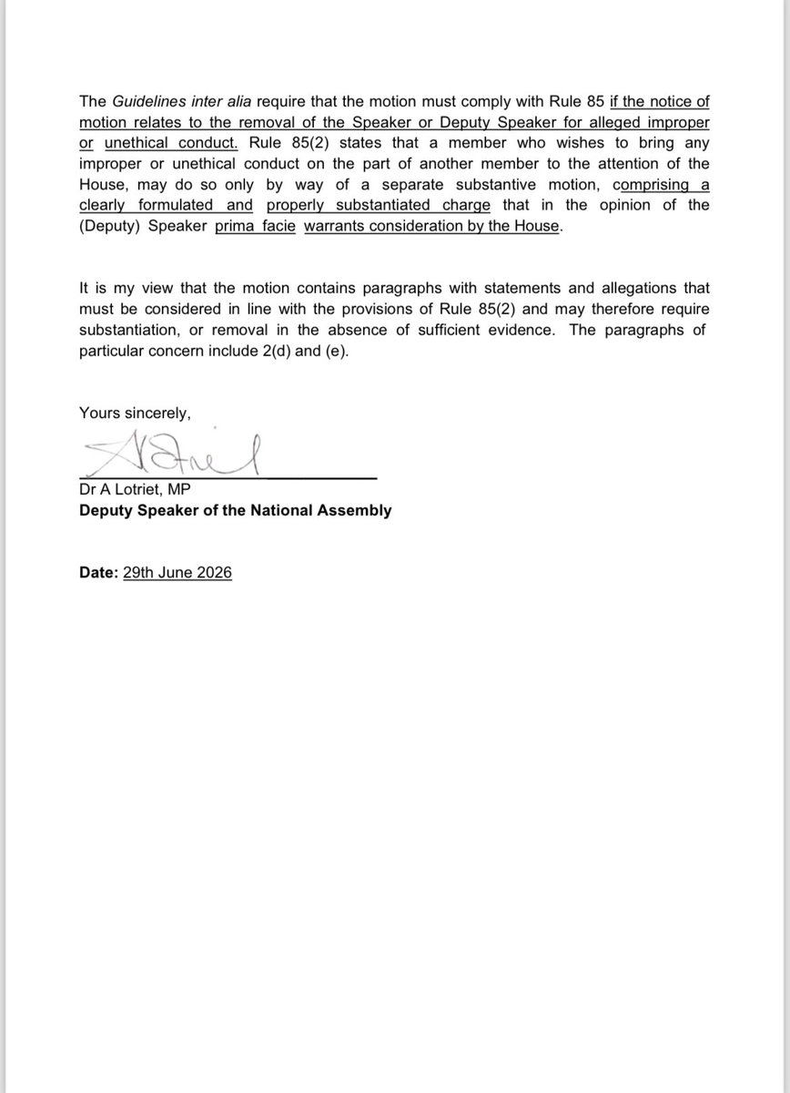 EFFSouthAfrica's tweet photo. ♦️Breaking News♦️

The Deputy Speaker of the National Assembly, Hon. Annelie Lotriet, has confirmed that the EFF's Motion of No Confidence in the Speaker of the National Assembly, Hon. Thoko Didiza, is substantively in order and has acceded to its tabling, subject to minor procedural amendments.

The motion, in the name of EFF President and Commander-in-Chief @Julius_S_Malema, will now proceed in accordance with the Rules of the National Assembly.
