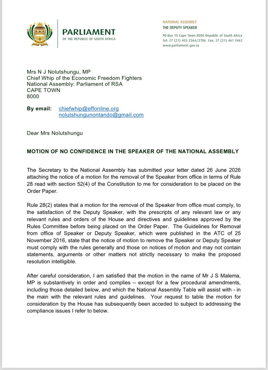 EFFSouthAfrica's tweet photo. ♦️Breaking News♦️

The Deputy Speaker of the National Assembly, Hon. Annelie Lotriet, has confirmed that the EFF's Motion of No Confidence in the Speaker of the National Assembly, Hon. Thoko Didiza, is substantively in order and has acceded to its tabling, subject to minor procedural amendments.

The motion, in the name of EFF President and Commander-in-Chief @Julius_S_Malema, will now proceed in accordance with the Rules of the National Assembly.