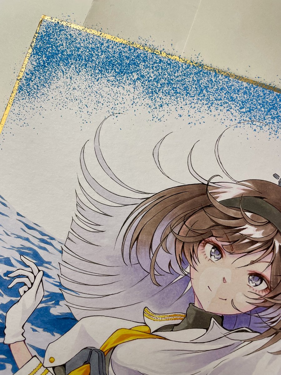 秋月(艦これ) 「描いてました 今日は背景の波の描き込みと空のパステル作業です。 明日は全体のペン」|おかめのイラスト