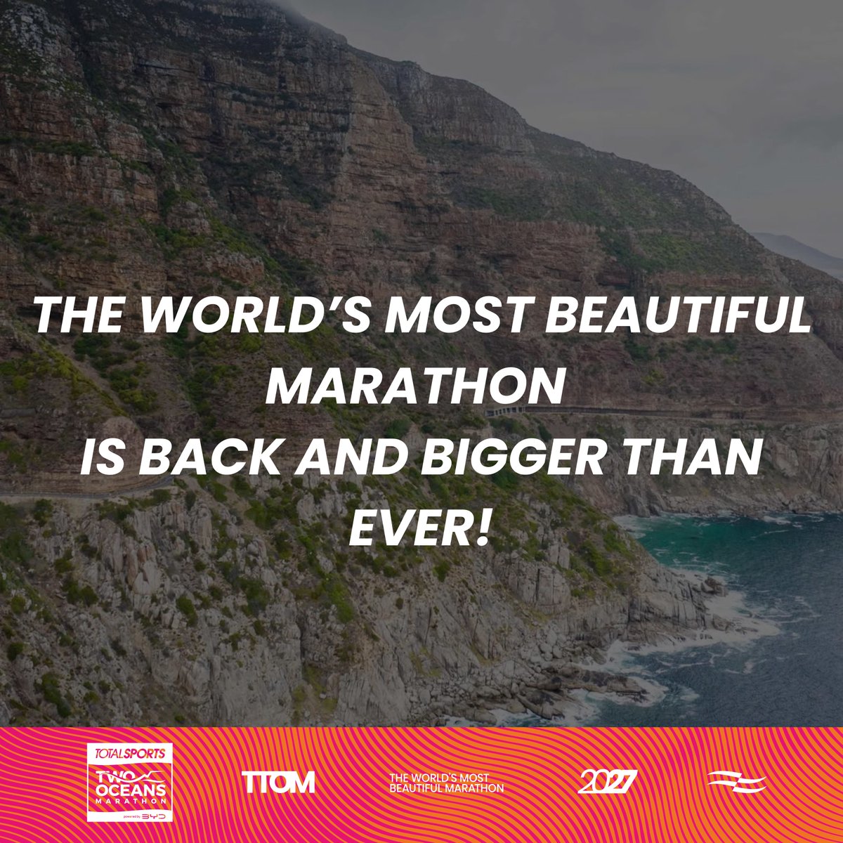 2OceansMarathon's tweet photo. 🏃‍♀️ Big news! The @TotalsportsSA TWO OCEANS MARATHON powered by @BydSouthAfrica  is getting even bigger in 2027! 🌊💙

Mark your calendars! From 31 March – 04 April 2027, an enhanced Event Week will deliver an unforgettable celebration of running, community and achievement.
📅 2027 Race Weekend:
 🏅 Saturday, 03 April – Totalsports TWO OCEANS HALF MARATHON powered by BYD
 🏅 Sunday, 04 April – Totalsports TWO OCEANS ULTRA MARATHON powered by BYD
Even better? More runners will get the chance to be part of the World's Most Beautiful Marathon! 🎉

✨ Entry capacity has increased:
 👟 Half Marathon: 17,000 ➡️ 21,000 runners
 👟 Ultra Marathon: 14,000 ➡️ 21,000 runners

With the iconic @UCT_news once again hosting the event village, 2027 promises to be a race week to remember.
Who's adding the 2027 Totalsports TWO OCEANS MARATHON powered by BYD to their running calendar?
🙌💙

#TTOM #TTOM2026 #TheWorldsMostBeautifulMaratho