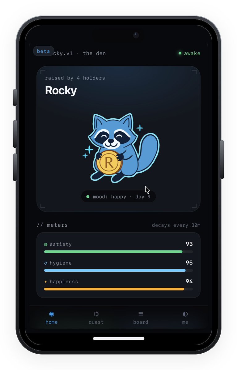 racccointon's tweet photo. 🦝 Meet Rocky: Your Chat's Trash Panda! 🎮

https://t.co/P2RDspEkbK

Listen up, pack! Say hello to Rocky, a mischievous Tamagotchi-style raccoon ready to live directly in your Telegram groups. 

👑 Chat Admins: Adding Rocky is the ultimate cheat code to skyrocket your group's daily activity and keep your community constantly engaged!
You can play using the sleek Mini-App UI or classic Text Mode. Here is how to rack up points:

 🍕 Care: Use ⁠/feed⁠ and ⁠/clean⁠ to keep his meters full (Guardian points).

 🧠 Riddles: Trigger the daily ⁠/riddle⁠ and be the first to ⁠/answer⁠ correctly (Stash points).

 ⚔️ Quests: Launch text-adventures with ⁠/quest⁠ and navigate danger using ⁠/action⁠ (Hero points).

 🏆 Compete: Check ⁠/leaderboard⁠, ⁠/globallb⁠, and ⁠/chatlb⁠ to track top players and rival chats.

And try sending a regular message—he reads the chat and will talk back! 

Add Rocky to your group today and let the games begin. 🚀