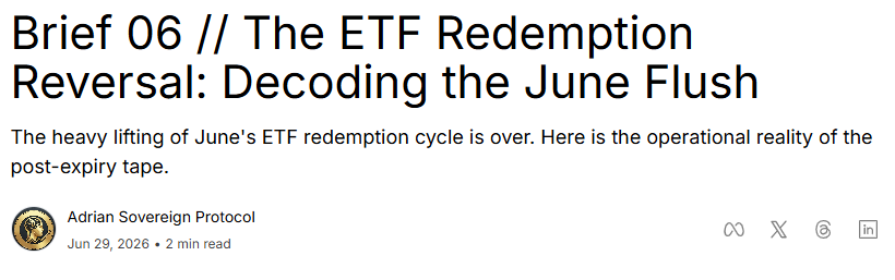 Adrian_Mindset's tweet photo. The June monthly close is printing an 18% drawdown, marking the worst nominal performance since the mid-2022 capitulation window. Retail screens are flashing red over $4.1 billion in net ETF outflows, screaming that  institutional adoption has stalled. But look at the actual structural plumbing: Abu Dhabi-regulated MidChains just confirmed that at least one sovereign wealth fund is actively accumulating spot supply at this strategic discount, with up to two set to be finalized in the coming weeks.
We are not witnessing an institutional retreat. we are witnessing a historic, generational transfer of finite supply out of short-duration, price-sensitive paper ETF wrappers and straight into the multi-trillion-dollar vaults of sovereign state statecraft.
The global debt denominator expands; nation-state game theory remains completely undefeated.