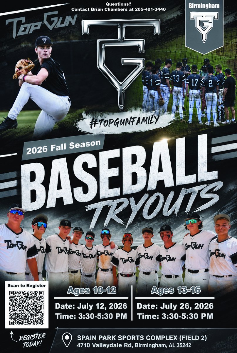 TopgunBham's tweet photo. 🚨 TOP GUN BHAM FALL TRYOUTS 🚨

Think you’ve got what it takes? Join one of Alabama’s premier travel baseball programs and compete with the best.

⚾ Ages 10–12: July 12
⚾ Ages 13–16: July 26
🕞 3:30–5:30 PM
📍 Spain Park Sports Complex (Field 2) https://t.co/NGNwTsYNsg
