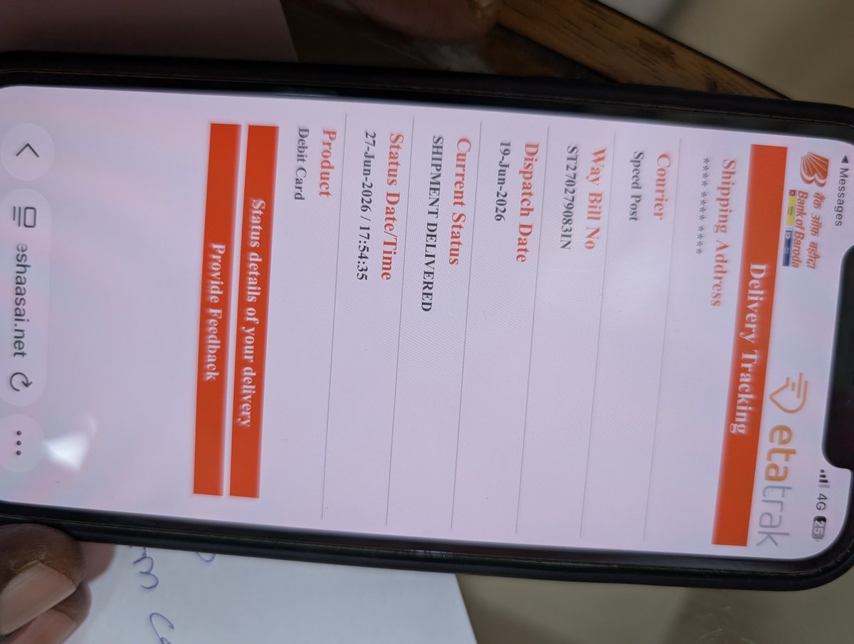 GoyalYavan's tweet photo. @bankofbaroda the delivery partner you're using to deliver debit card is not delivering while I'm getting messages of my card is delivered. I'm not the only customer in the @bankofbaroda murlipura branch jaipur facing this issue. 
Please look into the issue and try to solve it. https://t.co/X1pmj3Sn2f