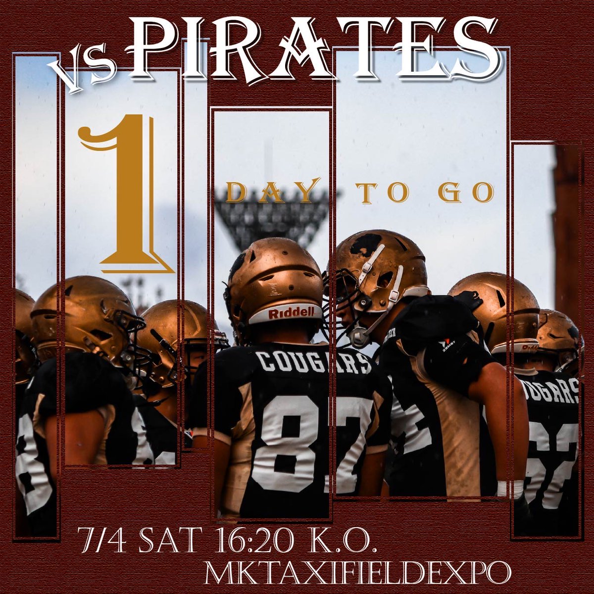 KitCougars's tweet photo. 【春季公式戦】
徳島大学戦まで後1日！！
7/4(土) 16:20KickOff
vs徳島大学
@MK TAXI FIELD EXPO
🟡有観客試合

ご声援のほどよろしくお願いします！！

【アクセス】
https://t.co/PS5cp5C0d8

#COUGARS
#京都工芸繊維大学
#アメフトを止めるな https://t.co/2Me4Fgu2ca