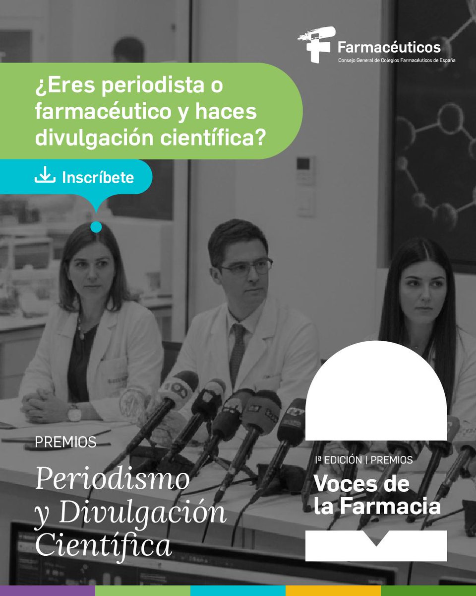 COFCoruna's tweet photo. 📰 📻📺 Se amplía hasta el 15 de julio el plazo para presentar candidaturas a la primera edición de los Premios de Periodismo y Divulgación Científica #VocesDeLaFarmacia.

🗞 Más info: https://t.co/8gpn3lpvhv

@Farmaceuticos__ https://t.co/ObrUANu9ry