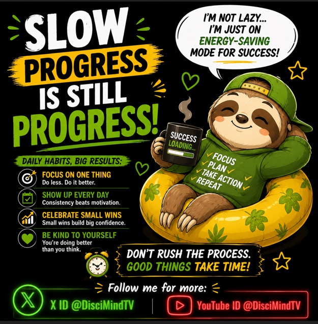 DisciMindTV's tweet photo. Slow Progress Is Powerful Progress.
Follow for more: 👉 https://t.co/s5mz9CUwjT
🔶Success isn't a race; it's a journey of consistency.
🌱 Focus on one thing.
📅 Show up every day.
🏆 Celebrate small wins.
💚 Be kind to yourself.
#SlowProgress #KeepGoing #SuccessMindset https://t.co/u6RCkqP098