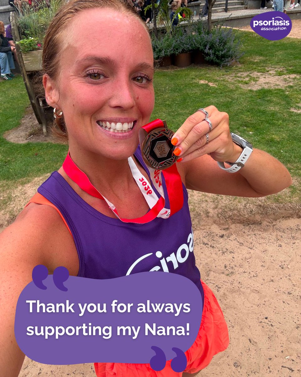 PsoriasisUK's tweet photo. A huge congratulations to Sophie, who recently completed the AJ Bell Great Manchester Run Half Marathon in memory of her Nana, Norma. 💜

Norma lived with psoriasis throughout her life, and Sophie chose to honour her by fundraising for the Psoriasis Association.

She finished the race in an impressive 1:48 and has raised over £1,700!

Thank you, Sophie, for your incredible support and for celebrating Norma's legacy in such a meaningful way.