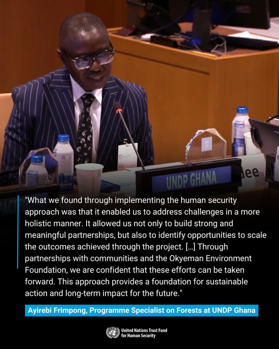 UNhumansecurity's tweet photo. The human security approach enabled us to address challenges holistically, build meaningful partnerships, and identify new pathways — including ecotourism as a driver of livelihoods. — Ayirebi Frimpong, @UNDP Ghana, at the #HumanSecurityAward. #HumanSecurity #UNTFHS @UNDPGhana https://t.co/a2V2cZ9aEt