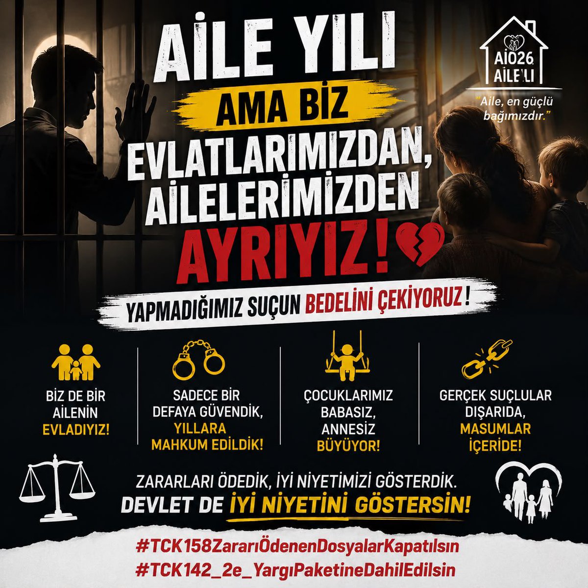 trebru123's tweet photo. 👨‍👩‍👧‍👦 2026 “Aile Yılı” deniliyor… Peki ya bizim ailelerimiz?

📌Bizler de bir annenin, bir babanın evladıyız. Bizlerin de eşleri, çocukları, anne babaları var. 

📌Bugün dışarıda ailelerimiz bizi özgürlüğümüze kavuşturabilmek için mücadele ediyor. Cezaevlerinde ise sadece bir defa güvenmenin bedelini yıllardır ödeyen insanlar umutla bekliyor. 🙏

⚖️ TCK 158 kapsamında başlayıp TCK 245 ve TCK 142/2-e maddeleriyle ağır cezalar alan binlerce genç; ne bir şebekenin parçasıydı ne de suçtan kazanç sağladı.

💸 Komisyon almadık.
💸 Haksız kazanç elde etmedik.
🤝 Buna rağmen oluşan zararları ödeyerek iyi niyetimizi gösterdik.

📌Peki devletimiz de iyi niyetini gösterip bizleri yeniden ailelerimize kavuşturamaz mı?

🎯 Asıl mücadele edilmesi gerekenler; insanları kandıran organize suç şebekeleridir. Onlar yakalanmadıkça bu düzen değişmeyecek. Paravan olarak kullanılan, sadece IBANını paylaşan gençlerin hayatını “nitelikli dolandırıcılık” damgasıyla karartmak ne adalete ne de topluma fayda sağlar.

👶 Çocuklarımızın anne ve babalarına,
👵 Anne babalarımızın evlatlarına,
👨‍👩‍👧 Ailelerin yeniden birbirine kavuşmaya ihtiyacı var.

🇹🇷 Biz bu ülkenin evlatlarıyız. Çocuklarımızı bu vatana faydalı bireyler olarak yetiştirmek istiyoruz. Tek talebimiz; gerçek suçlularla bir tutulmadan, zararını ödemiş ve iyi niyetini ortaya koymuş insanların yeniden topluma kazandırılmasıdır.

🤲 Aile Yılı’nın ruhuna yakışan; aileleri parçalamak değil, aileleri yeniden bir araya getirmektir.

#TCK158ZararıÖdenenDosyalarKapatılsın
#TCK142_2e_YargıPaketineDahilEdilsin

@cuneytyuksel_ @AvOrhanKIRCALI @Emine_Gozgec16 @avoguzhankaya @_hakanolgun @avidrissahin @AliyeCosar @avsbulbul @avomerozmen @av_nurettinalan @avsengulk @ttaskinozer @avSelmanEser @chpatakanunver @huluay @Avkthalilozturk @bulenttufenkci @gizemozcanchp @CumhurUzun48 @dilankuntayan @newroz_uysal @AvMustafaArslan @fahrettintgrl64 @zulkuf__ucar @saffetbozkurt67 @inanakgunalp @abakingurlek @AbdullhAydgdu @avsedatayyldz @Hayati_Yazici @ceyhanburakab @TCCBHPK @hasandogan @orhankrkrt @mehmetucum @Cemduranuzun @Hakan_cavusoglu @mkoca66 @MSErdinc @salihcora @TalatCANBOLAT @yucelacer @avabdullahguler @abdulhamitgul @mahirkilicc @TBMMresmi @Akparti