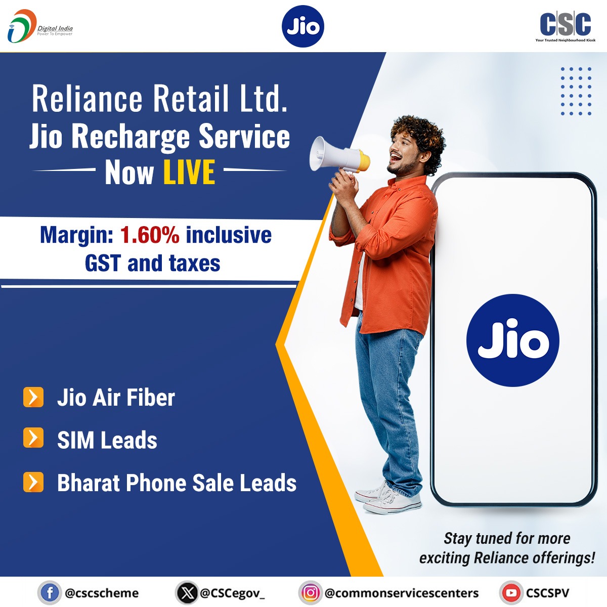 virat_nv's tweet photo. Reliance Retail Ltd. Jio Recharge Service Now LIVE...

Margin: 1.60% inclusive GST and taxes

▸ Jio Air Fiber
▸ SIM Leads
▸ Bharat Phone Sale Leads

Stay tuned for more exciting Reliance offerings!

#CSC #CSCMobileRecharge #DigitalIndia #RuralEmpowerment #MobileRecharge #CSCServices #CSCMobileServices #RelianceJio #JioRecharge