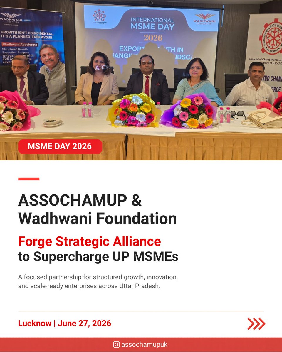 AssochamupUk's tweet photo. ASSOCHAMUP and Wadhwani Foundation have joined hands to strengthen Uttar Pradesh’s MSME ecosystem through a strategic alliance focused on growth, competitiveness, mentorship, market linkages, and scalability.

A strong step toward UP’s US$1 trillion economy vision.

#ASSOCHAMUP https://t.co/Hf5RM7ZZPD