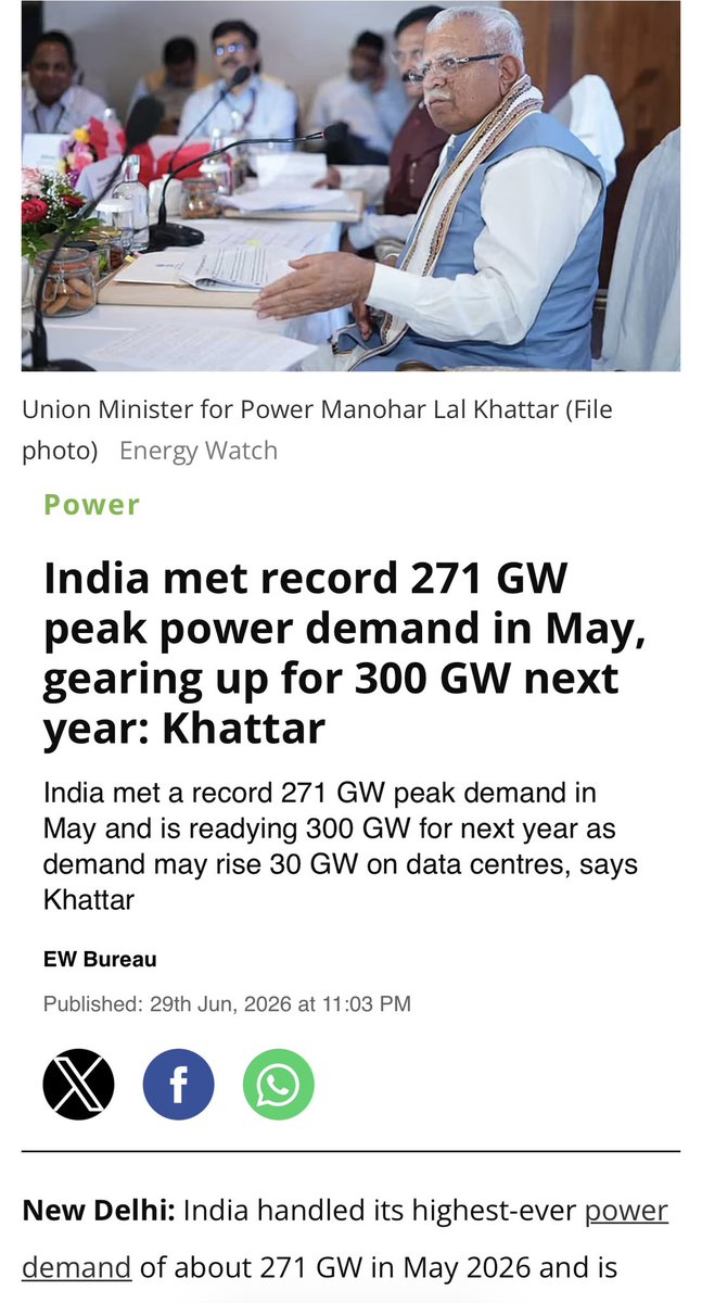 BesuraTaansane's tweet photo. India just met its highest ever power demand of 271GW in May 2026 without breaking a sweat 👏👏

But this didn’t happen by chance. The @narendramodi Govt transformed India’s transmission network into the WORLD’S LARGEST UNIFIED GRID. 

This upgraded system enables Grid-India to maintain equilibrium by redistributing load

Contrast this with the dark nights of July 2012 when 62 Crore Indians were left without power for 13 hours as the northern & eastern power grids collapsed due to a peak surge

The world mocked us : A nation that aspirations to become a superpower found itself powerless-screamed the Forbes article