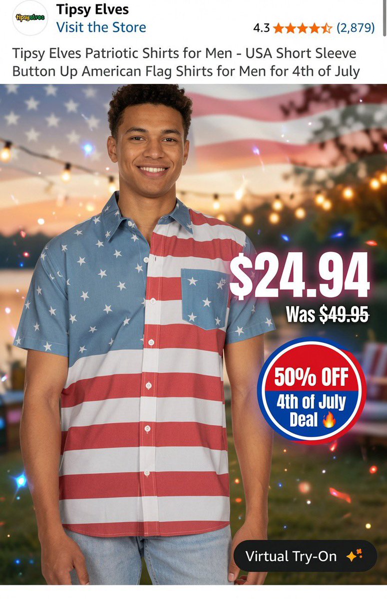 AmazonFunFinds's tweet photo. 🚨 4th of July Steal: Tipsy Elves Patriotic American Flag Shirt – Now Only $24.94 (Was $49.95)! 🇺🇸#ad #4thofjulysale 

Fun, festive short-sleeve button-up with stars &amp; stripes design — perfect for BBQ, fireworks, or any summer celebration!

https://t.co/2XCoxOaVJT https://t.co/GMugCnCV0P