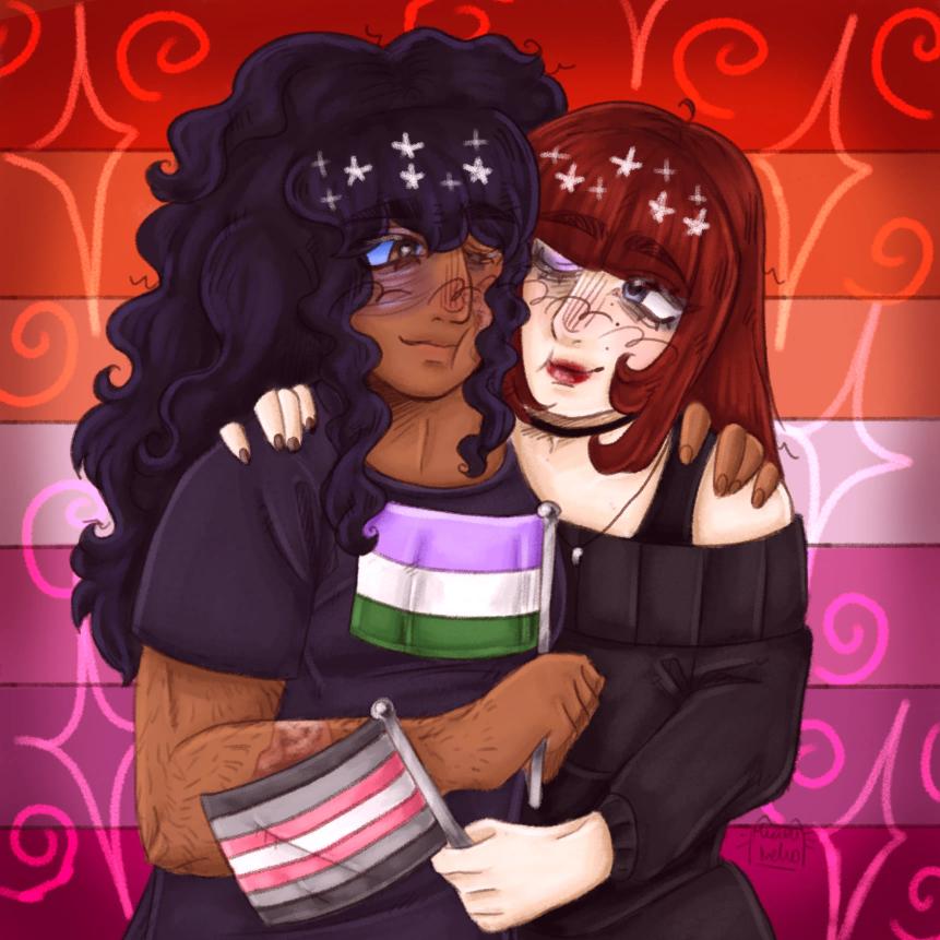 MiaouNeko08's tweet photo. I was requested to make a Sybil &amp; my OC art but with a lesbian flag this time and I wanted to include my genderqueer Sybil hc &amp; the fact that my OC is demigirl 
#lookoutside #lookoutsidesybil #LookOutside #LookOutsideSybil #LookOutsideOC #yumeship #fanart #loou #lesbian #yumeart https://t.co/hMt4sDT878