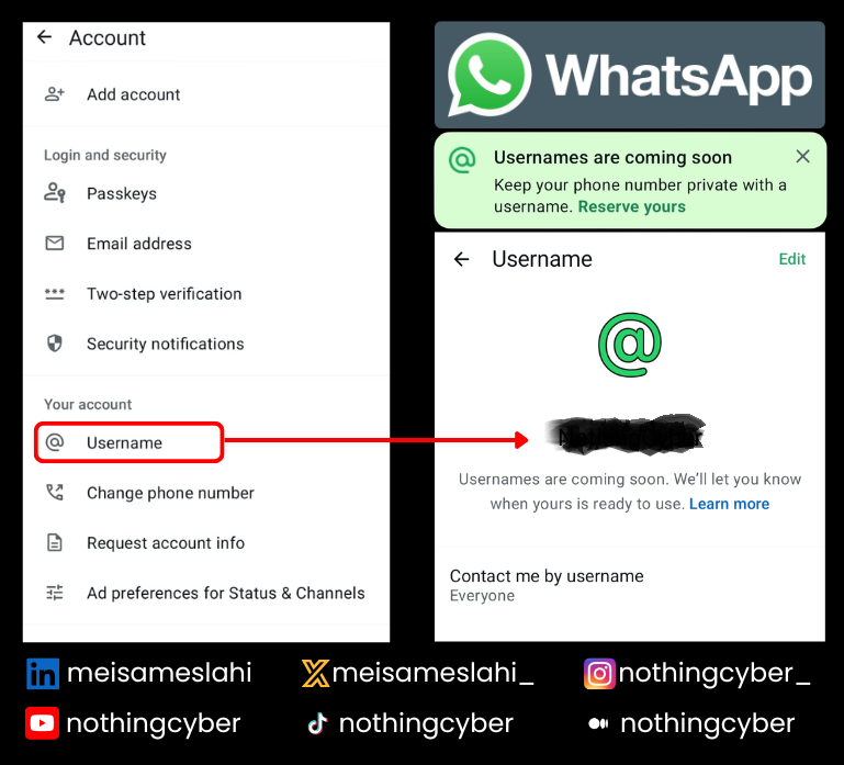 meisameslahi_'s tweet photo. WhatsApp is finally getting usernames!

Soon, you won't have to share your phone number just to connect with someone on WhatsApp. At first glance, it sounds like a small feature. But it's a big win for privacy.

For years, phone numbers have acted as both an identifier and a communication channel. While convenient, they also expose users to risks such as:

• Unwanted contact and spam
• Social engineering attacks
• SIM-swapping attempts
• Privacy concerns in large groups and public communities

Sometimes the best security improvements aren't flashy new technologies. They're simple changes that give users more privacy by default.
Read more: https://t.co/vPA6tGWgpm

I don't know what you heard about me! I practice, test, learn in public, and share what actually works ... daily and free!

Threat hunting 101 series on YouTube: https://t.co/s8tfrvXWMe
Daily Cyber Drops on Medium: https://t.co/2CLZyDkPFt

#whatsapp #privacy #cybersecurity #dataprivacy #security #infosec #technology