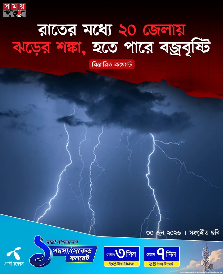 somoytv's tweet photo. দেশের ২০ জেলায় ঘণ্টায় রাতের মধ্যে ৬০ কিলোমিটার বেগে ঝড় হতে পারে বলে জানিয়েছে আবহাওয়া দফতর। সেইসঙ্গে বজ্রবৃষ্টিরও শঙ্কা রয়েছে।

বিস্তারিত : https://t.co/vPV82HAAi2  
#WeatherUpdate #weather #weatherforecast #Bangladesh #somoytv https://t.co/RG9nsENXgm