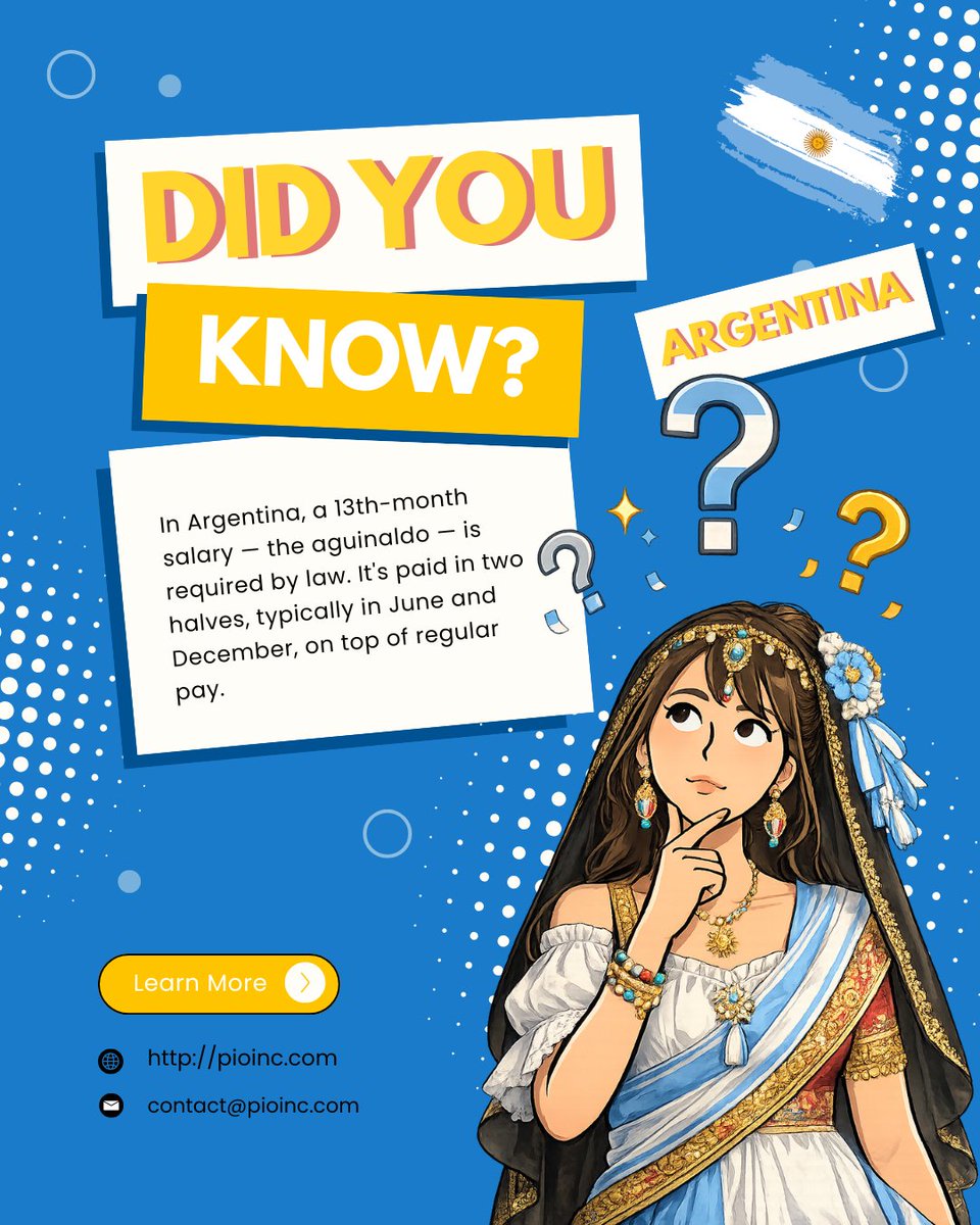 PayInOne's tweet photo. Did you know hiring in Argentina comes with a legally required 13th salary?It's called the aguinaldo, and it's not a bonus companies choose to give — it's the law.
#GlobalHiring #HiringInArgentina #PayrollCompliance #HRTips #RemoteWork #GlobalTeams #FutureOfWork #EOR https://t.co/bD24PVdeWR