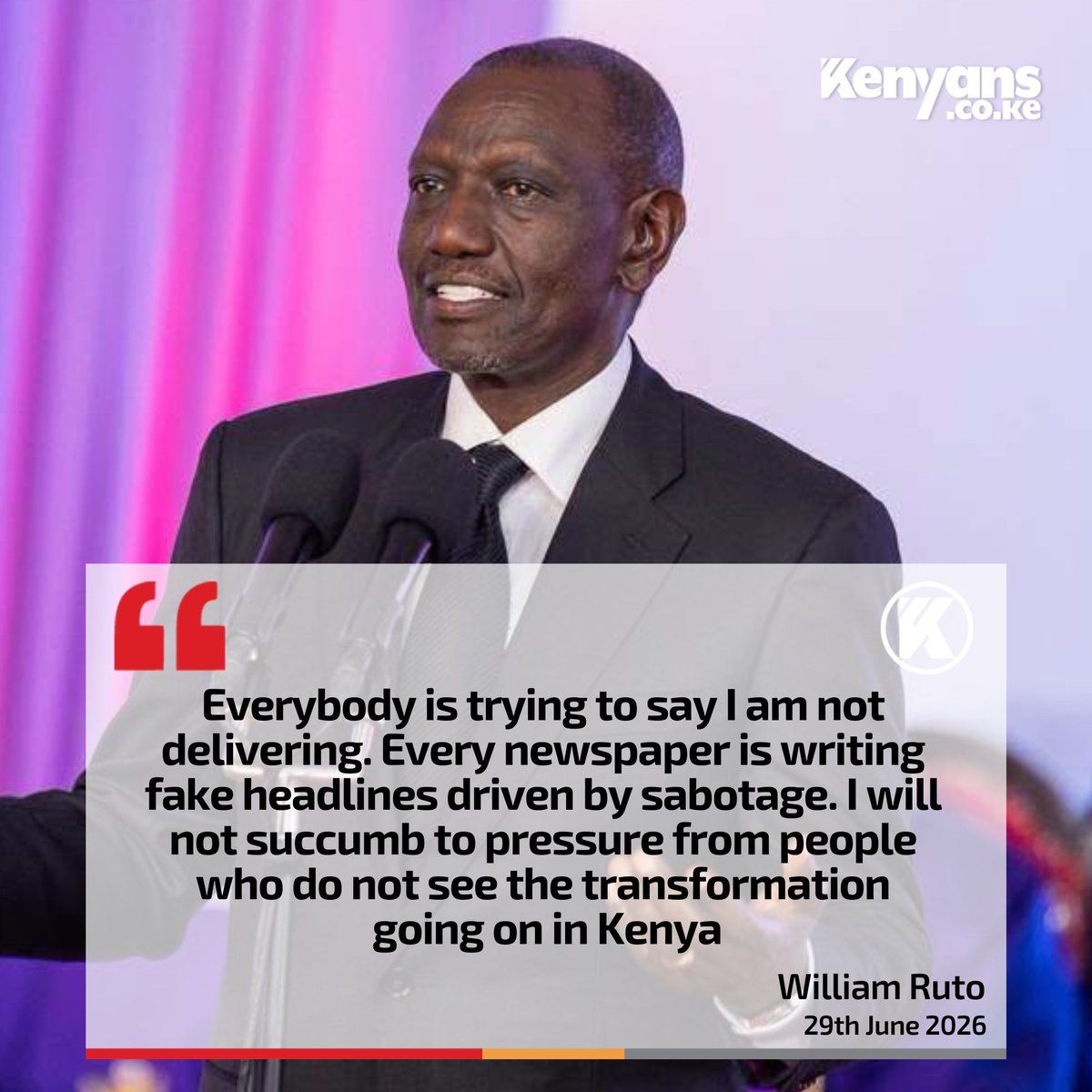 Kenyans's tweet photo. I will not succumb to pressure from people who do not see the transformation going on in Kenya - President Ruto https://t.co/dirHf82i3x