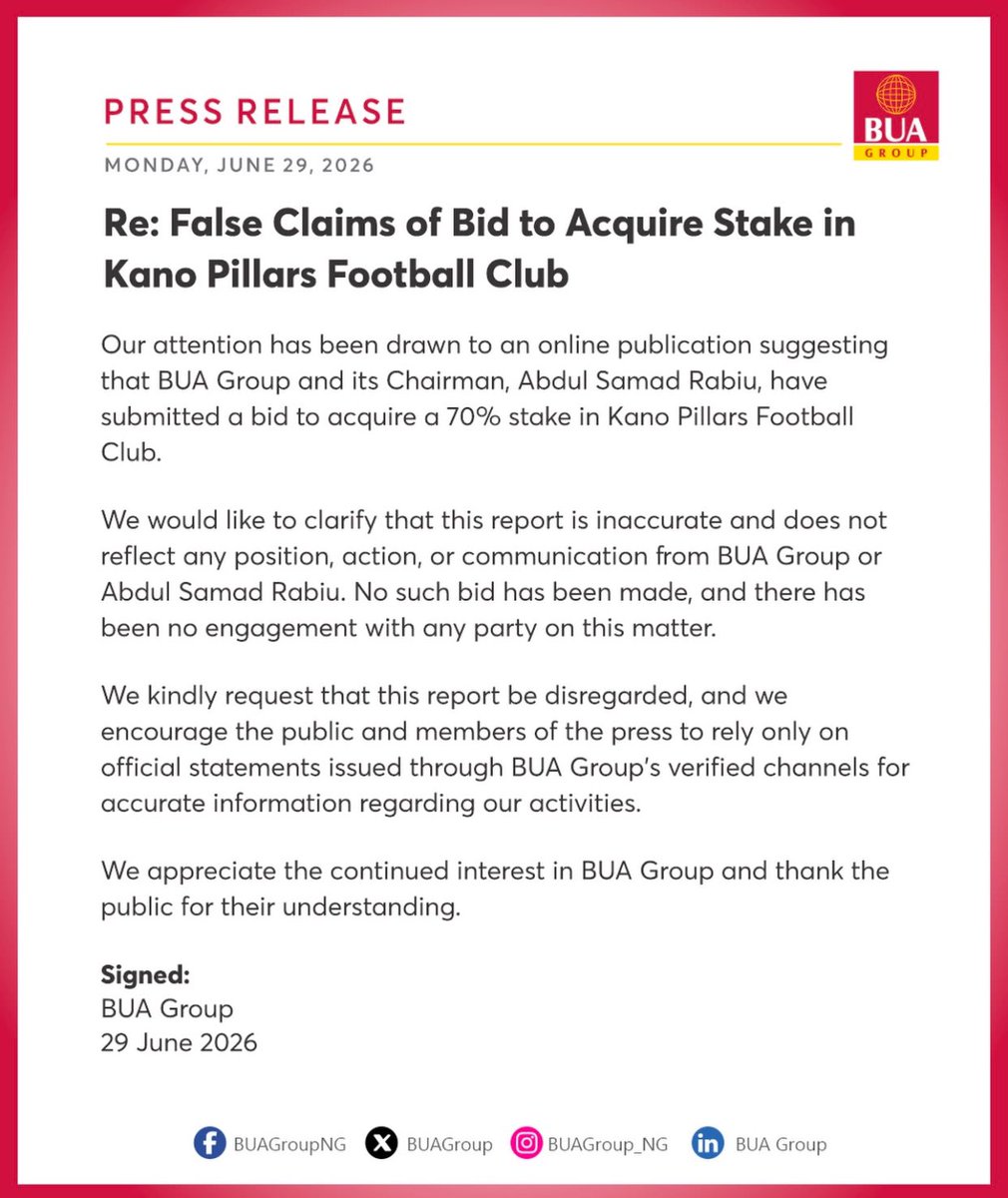 Omoruyi___'s tweet photo. 🚨 UPDATE: BUA Group has denied reports claiming it submitted a bid to acquire a 70% stake in NPFL club Kano Pillars.
#NPFL27 #BUACement #Nigeria #Football #Explore https://t.co/EsRYDIKhMI