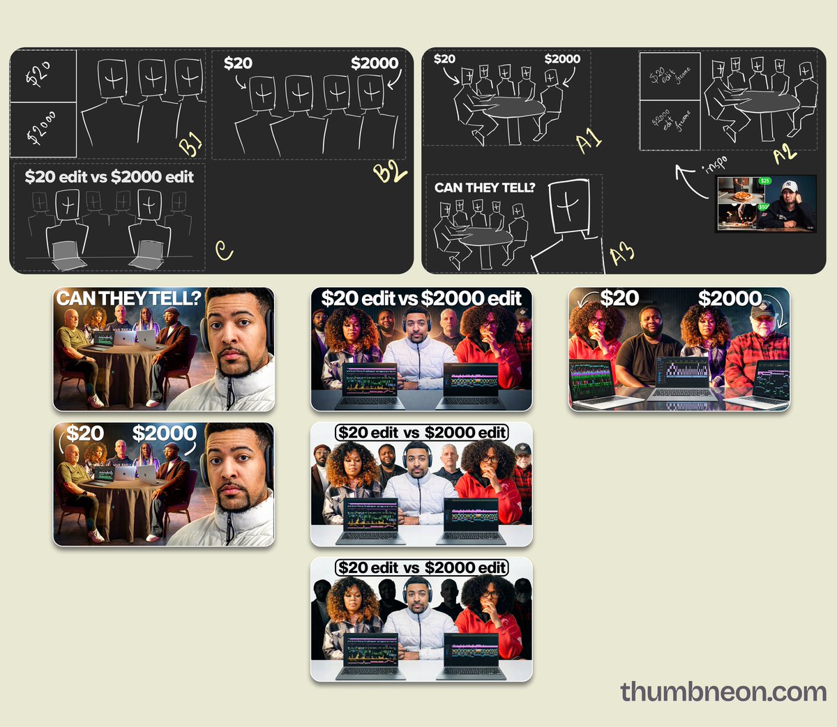 thumbneon's tweet photo. POV: I'm your thumbnail designer 

1 video. 5 thumbnails 

ideation to final design 

Title: Can People Tell the difference between $20 vs $2000 edit https://t.co/GePQBgsh7z