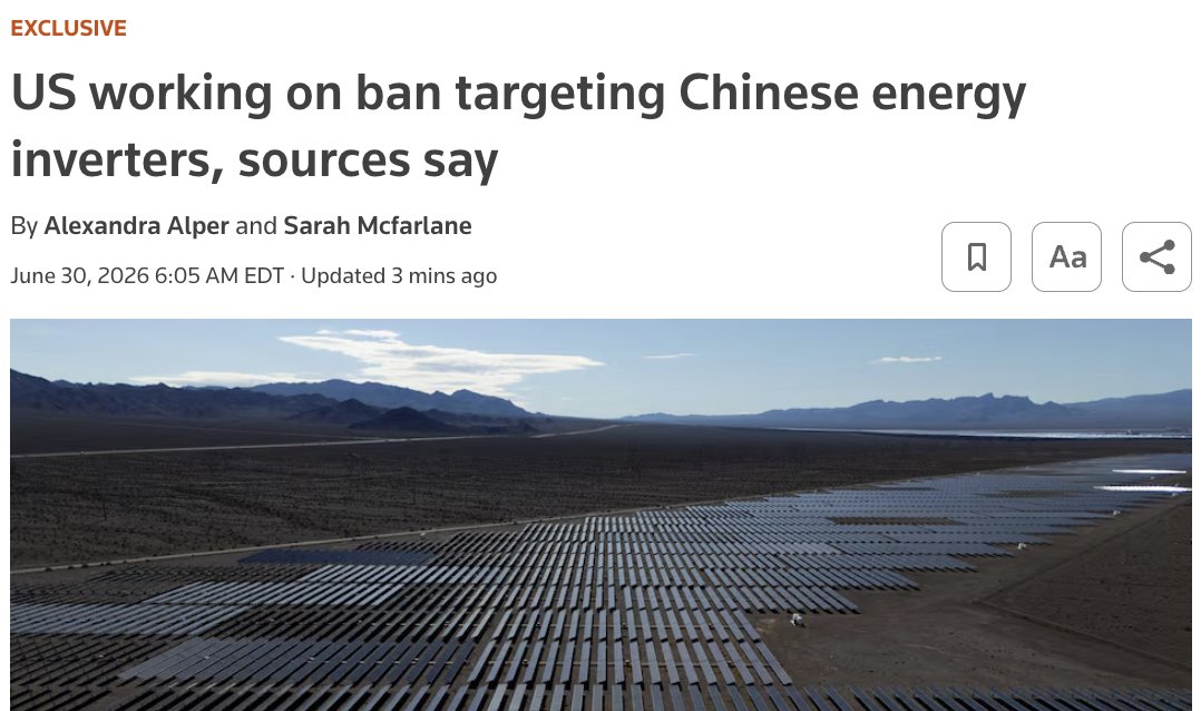 wallstengine's tweet photo. $ENPH $NRGV $NXT $FLNC $GEV $GNRC

The Trump administration is drafting a ban on imports of foreign energy inverters, per Reuters.

The proposed FCC rule would target new foreign models of equipment that connects solar projects and batteries to the grid, amid concerns China could use inverters to disrupt power supplies.

The rule could be published as early as this year, though sources said it may still be changed or shelved.