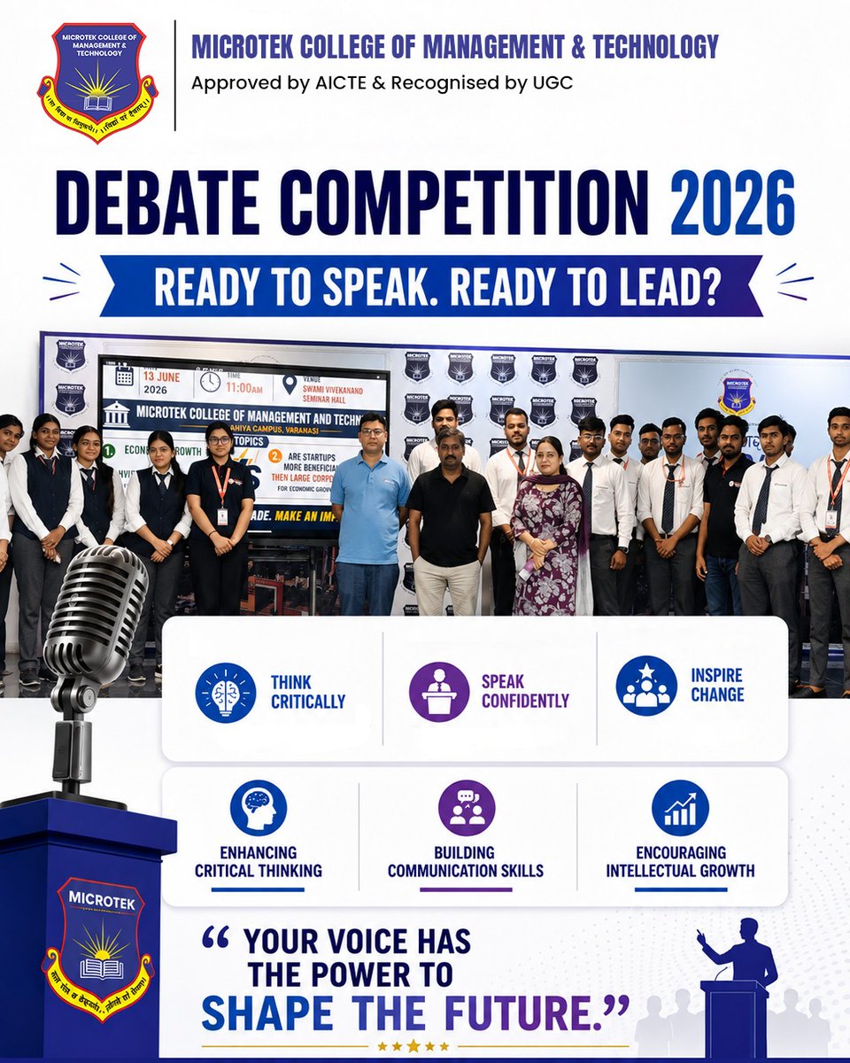 MicrotekClg_Vns's tweet photo. 🎙️ Debate Competition 2026 | Ready to Speak. Ready to Lead!

Young minds. Bold ideas. Powerful discussions.

Our Department of Management &amp; Commerce hosted an engaging debate on:
🔹 Economic Growth vs Environmental Protection
🔹 Startups vs Large Corporations
#MicrotekCollege https://t.co/ezcx6fwJqp