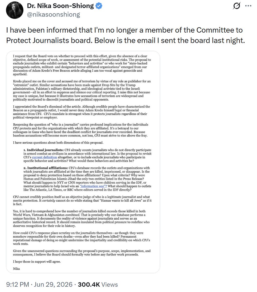 HonestReporting's tweet photo. 1/
Stop the presses: The Committee to Protect Journalists (CPJ) @pressfreedom has launched a full review of its "journalists killed in Gaza" list - and just showed board member @Nikasoonshiong the door.

This didn't happen by accident.

It happened because HonestReporting helped put them in an untenable position. 🧵