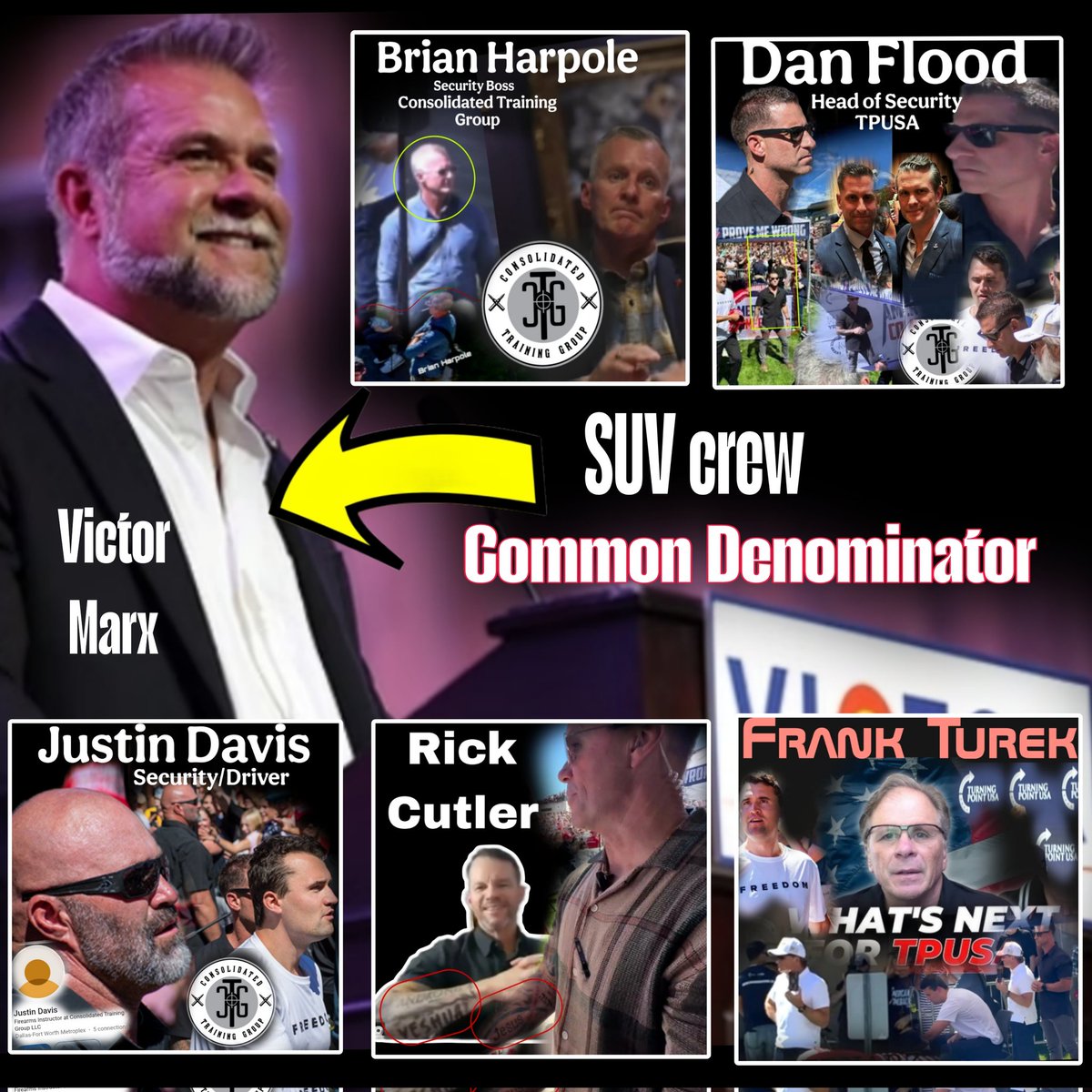 MuppetMasher's tweet photo. I know why Frank Turek got in the SUV. 
I just do trust me bro!!😁
Victor Marx is closely associated with every single person inside the SUV when Charlie died.
EVERYONE!!!
He knows them all personally.
He is the common denominator!!! 
It wouldn't surprise me if it was Victor that decided who was getting in the SUV at pre-planning and it wouldn't surprise me if Victor bought it from auction to keep as a trophy 🏆.