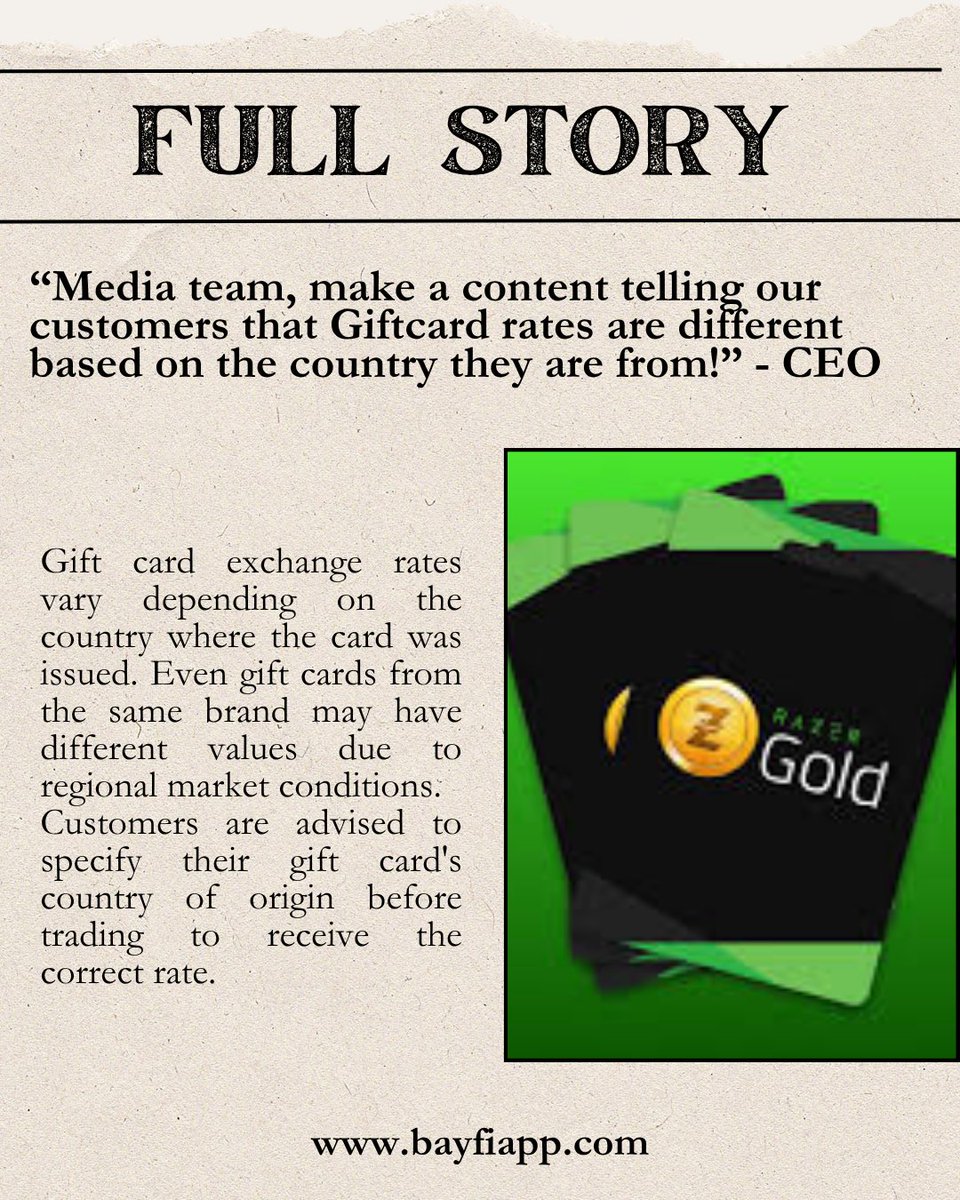 bayfiapp's tweet photo. Subscribe to our relatable newspaper content by giving us a follow. See you in the next edition, and trade your giftcards at amazing rates. https://t.co/JkY1e43F6Y