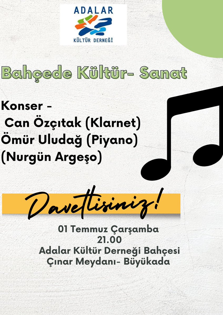 AdalarDernegi's tweet photo. 🎶 Bahçede Kültür-Sanat akşamlarına davetlisiniz!

Klarinetin büyüleyici sesi ve piyanonun zarif tınıları, yaz akşamına eşlik ediyor… 🌙✨

Can Özçitak 
Ömür Uludağ 
Nurgün Argeşo

📅 01 Temmuz Çarşamba
⏰ 21.00
📍 Adalar Kültür Derneği Bahçesi – Çınar Meydanı, Büyükada https://t.co/MhgdjJTyE0