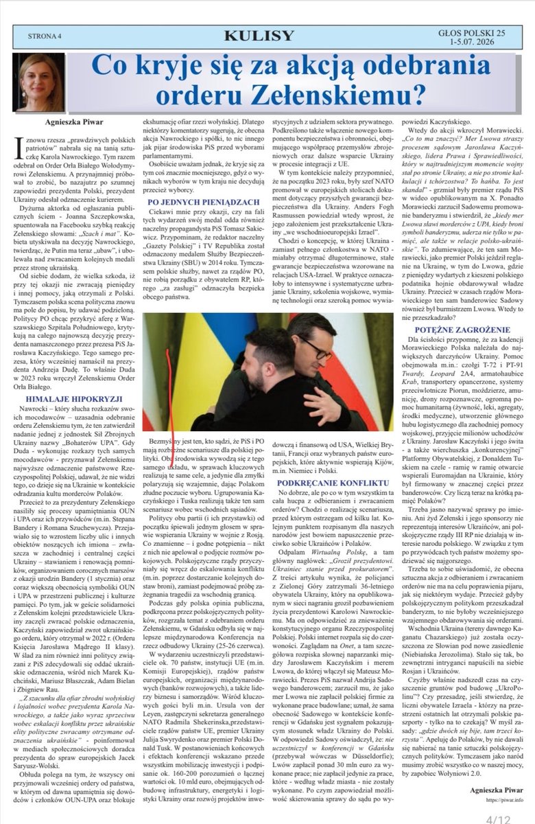 agnieszka_piwar's tweet photo. W najnowszym numerze polonijnego tygodnika "GŁOS" przedrukowano mój artykuł, w którym demaskuję przekręt polityków PiS, z prezydentem Nawrockim naczele, udających pod publiczkę, że nagle przejrzeli na oczy ws. Ukrainy. To jeden wielki teatr dla gojów!

Cieszę się, że z moimi treściami docieram do Polonii w Kanadzie i USA. Mój artykuł można przeczytać pod linkiem: https://t.co/cxUBfNLlkK
