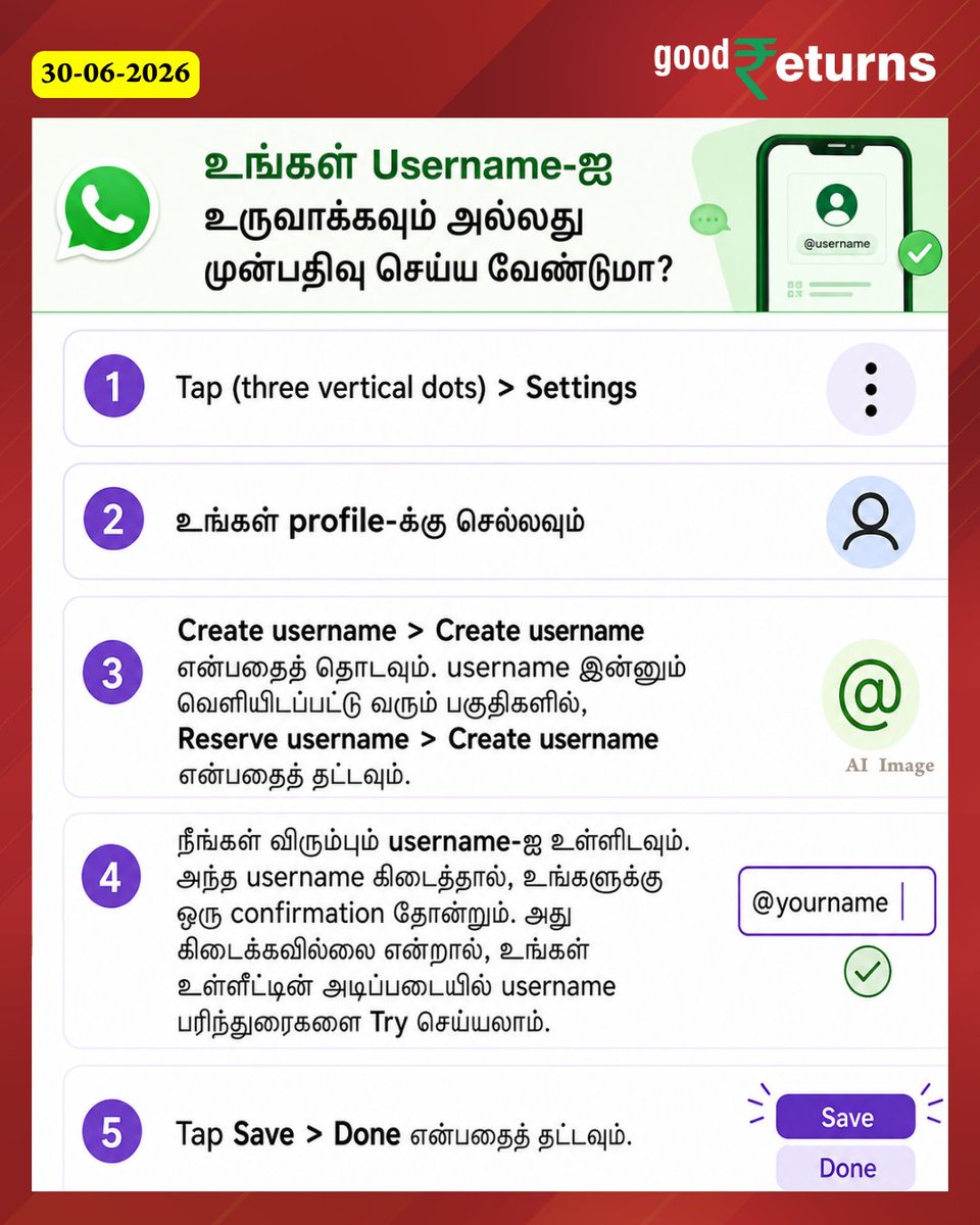 GoodreturnsTa's tweet photo. WhatsApp-க்கு இனி போன் நம்பர் தேவையில்லை! Username போதும்!
#Whatsapp #Offbeat #Technology #GoodreturnsAI #TamilGoodreturns https://t.co/WAsXXU1Efb